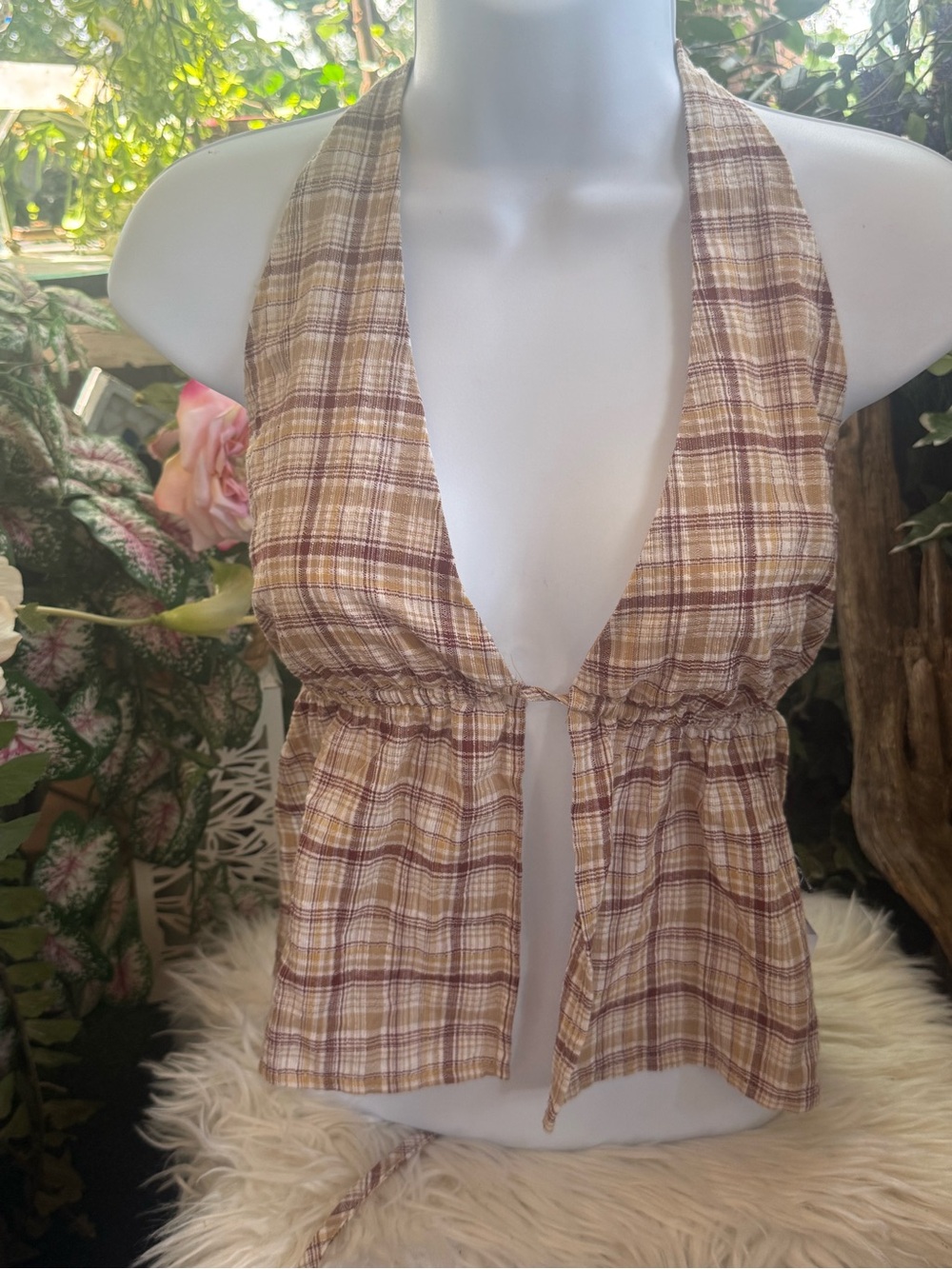 Windsor Plaid Halter Top in Beige and Brown